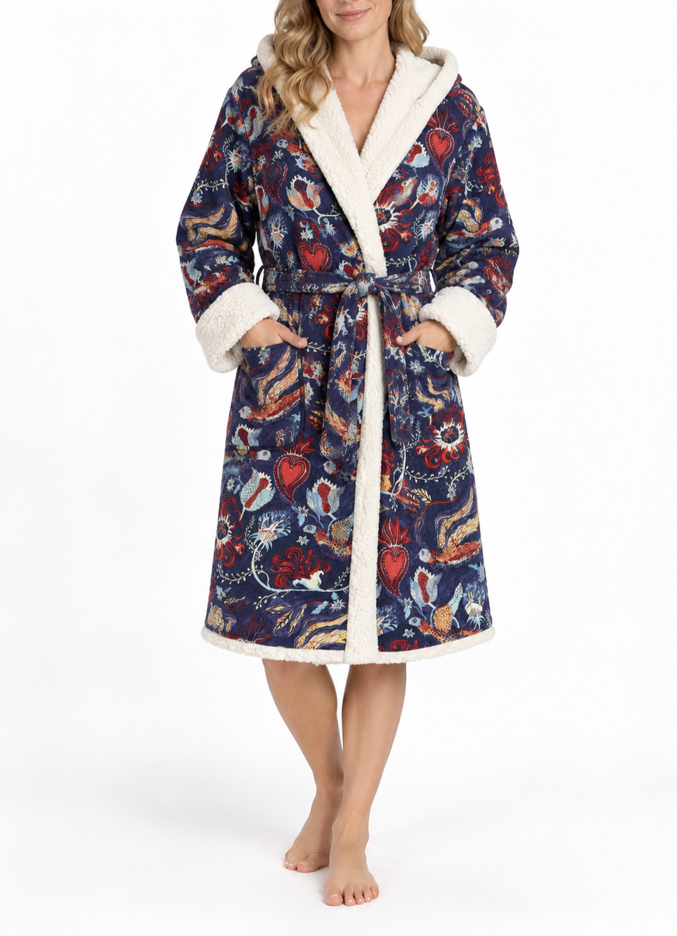Anthropologie Raphael Balme Sherpa Lined Hooded Robe Bird Floral M/L Belted